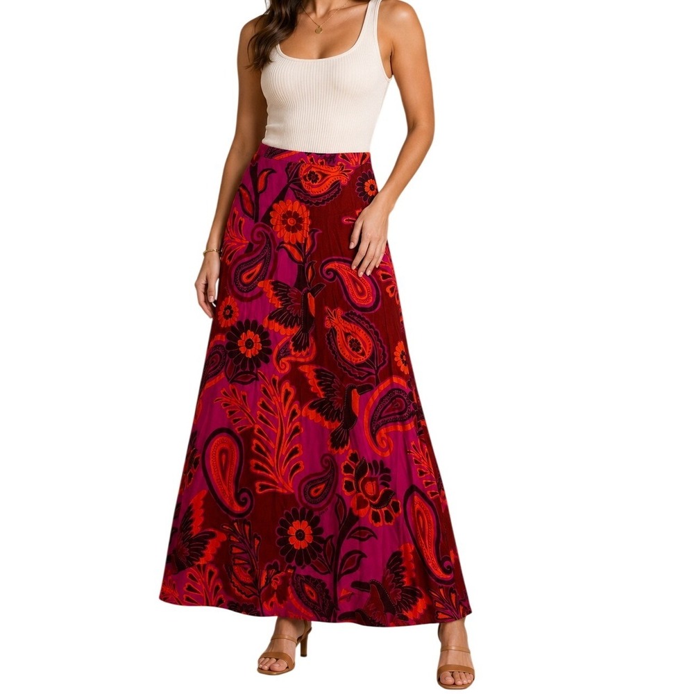 Farm Rio Magenta Orange Paisley Bird Print High Waisted Maxi Skirt Women's Small